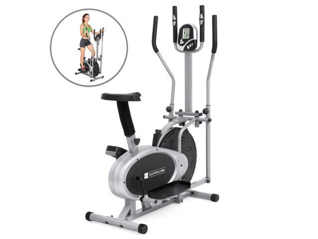 2 In 1 Elliptical Trainer Exercise Fitness Bike W/ Lcd Display, Tension Knob, Adjustable Seat