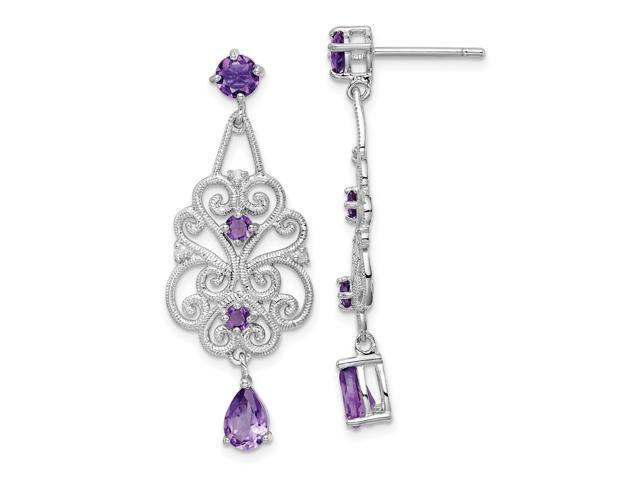 925 Sterling Silver Rhodium-plated Amethyst /& Diamond Dangle Earrings