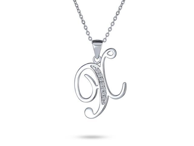 Sterling Silver Cursive T Initial Letter Pendant with Cubic Zirconia Stones