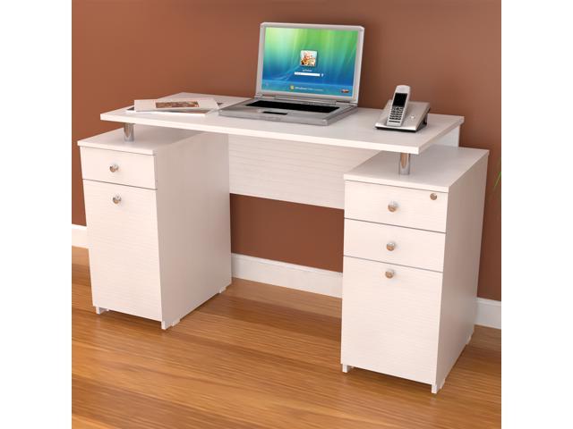 Inval White Modern Straight Computer, White Desk With Locking File Drawer