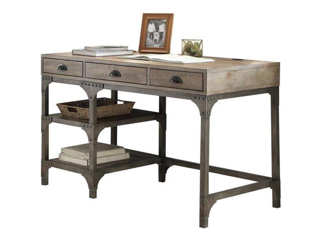 Benzara Bm185351 Wood And Metal Desk With Three Drawers Two Side Shelves Oak Brown Gray Newegg Com