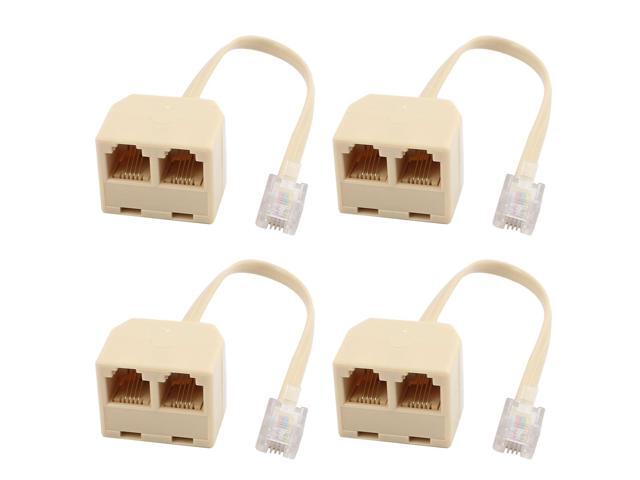 2 Pcs RJ11 6P4C Male to 2 Ports Female Telephone Line Splitter Converter Beige