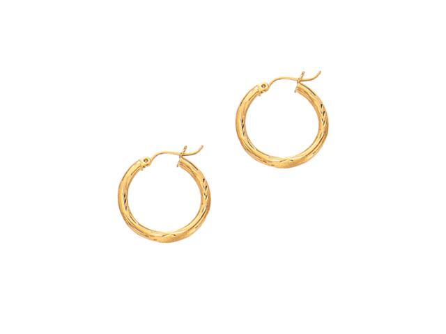 10K Yellow Gold 2X15mm Diamond Cut Round Tube Hoop Earring with with Hinged Clasp