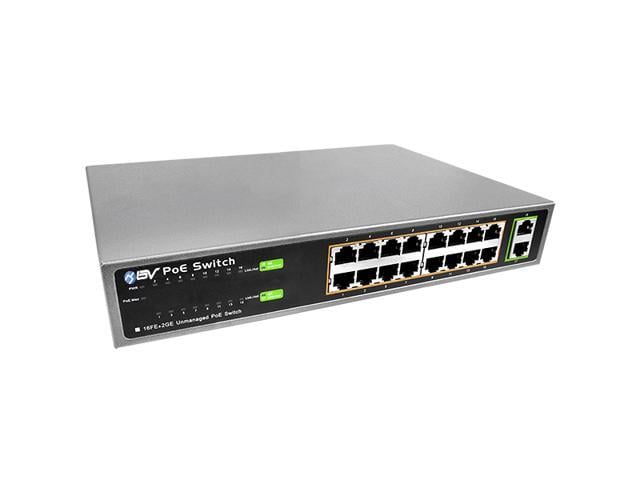 BV-Tech 16 Port PoE+ Unmanaged Switch + 2 Gigabit Ethernet Uplink – 130W – 802.3at – POE-SW1602-E