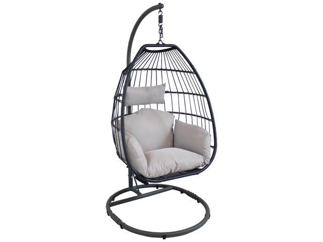 Sunnydaze Giles Black Resin Wicker Hanging Egg Chair Swing With Gray Cushions And Steel Stand Set Indoor Or Outdoor Boho Single Lounge Seat For