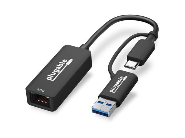 Plugable 2.5G USB C and USB to Ethernet Adapter, 2-in-1 Adapter Compatible with USB-C Thunderbolt 3 or USB 3.0, USB-C to RJ45 2.5 Gigabit LAN Ethernet, Compatible with Mac and Windows