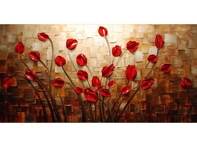 Wieco Art Colorful Flowers Oil Painting on Canvas Wall Art Ready to Hang for Living Room Bedroom Home Decoration Modern 5 Piece 100% Hand Painted Gallery Wrapped Contemporary Abstract Floral Artwork FL5073-3060 