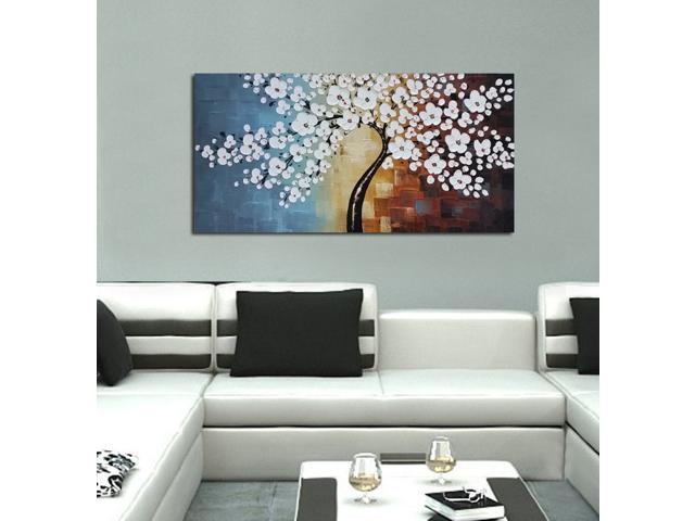 Textured Blue Flowers Canvas Wall Art Hand Painted Modern Decoration Oil Painting Picture Framed Ready to Hang 48x24inch 