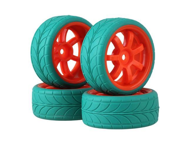 4x RC1:10 On Road Car White 7 Spoke Wheel Rim & Blue Arrow Pattern Rubber Tyre