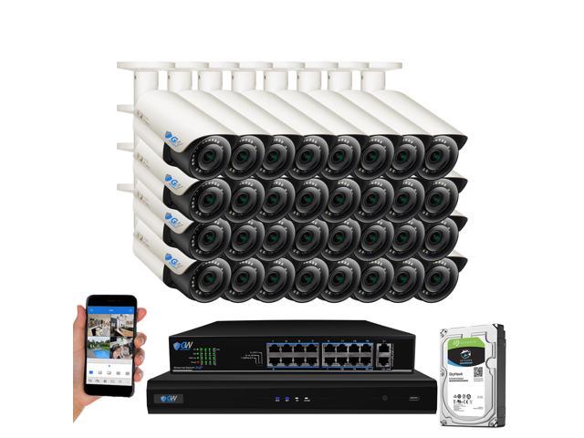 GW 5 Megapixel IP Camera PoE System, 32 Channel H.265 HEVC NVR w/ 4K Output, 24 x 5MP Full HD (2592 x 1920p) Digital WDR Power Over Ethernet Water Proof 130 Ft Night Vision Bullet IP Camera (8TB HDD)