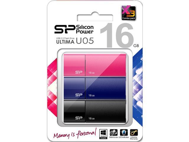 Silicon Power 16GB Ultima U05 Retractable USB 2.0 Flash Drive (3 Pack) - Blue/Pink/Black