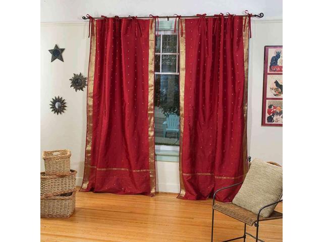 Lined Maroon Tie Top Sheer Sari Cafe Curtain Drape 43w X 24l