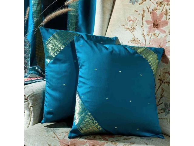 Turquoise 2 Handcrafted Sari Cushion Cover Throw Pillow Case 16