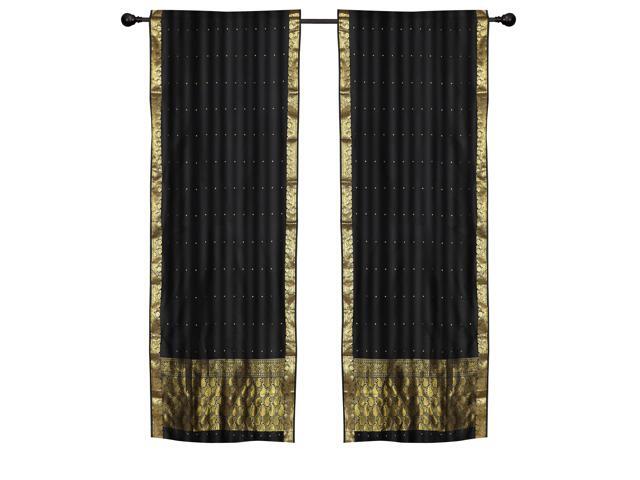 2 Lined Boho Black Sari Rod Pocket Cafe Curtains Kitchen Drapes