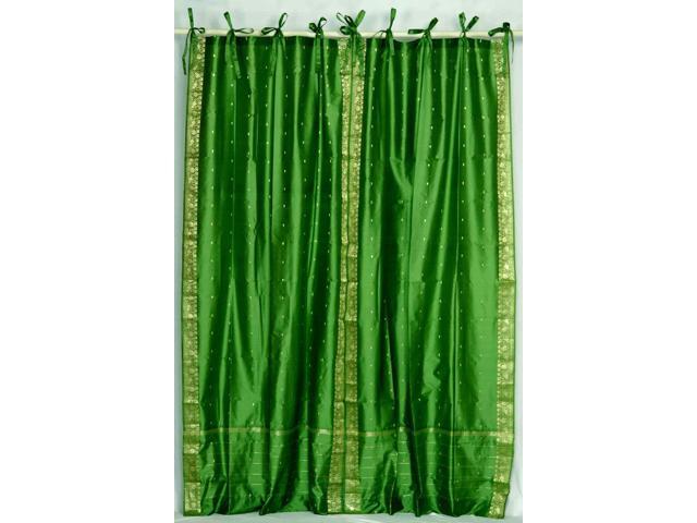 Forest Green Tie Top Sheer Sari Curtain Drape Panel 60w X