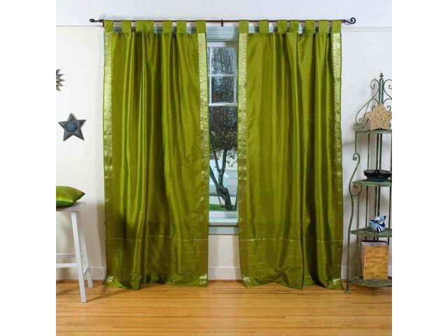 Olive Green Tab Top Sheer Sari Curtain Drape Panel 43w X 96l