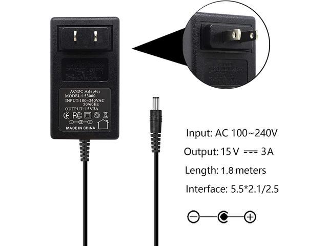 15V 3A Extra Long 6FT Power Supply Charger Cable (Input AC 100V-240V,  Output DC 15 Volt 3 Amp 45 Watt) Adapter Transformer Converter DC 5.5mm x  2.1mm / 5.5mm x 2.5mm 