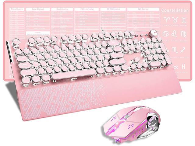 ALKEM Mechanical Keyboard and Mouse Combo with White LED Backlit Full Size 104 Keys Blue Switch Keyboard Metal Panel 3200 DPI Gaming Mouse Wired USB for PC Gamer Windows Laptop (Pink)