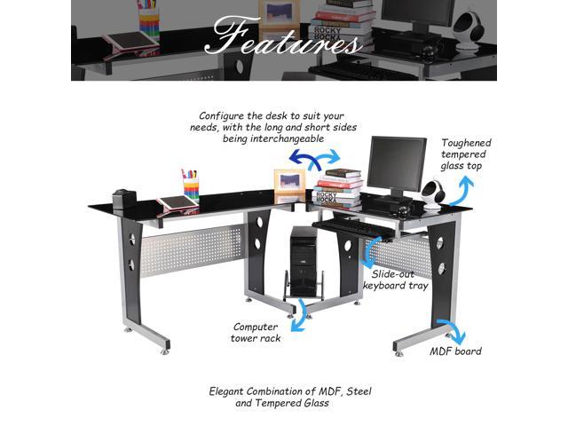 Homcom 64 Modern L Shaped Glasstop Office Workstation Computer