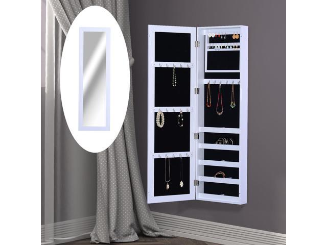 Homcom Mirrored Hanging Wall Door Mount Jewelry Cabinet Organizer