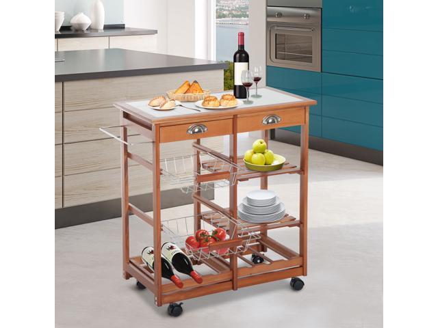 Homcom Rolling Kitchen Trolley Cart 4 Tier Storage Wooden Table