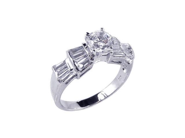 Round Clear Center Cubic Zirconia Flower Ring Rhodium Plated Sterling Silver
