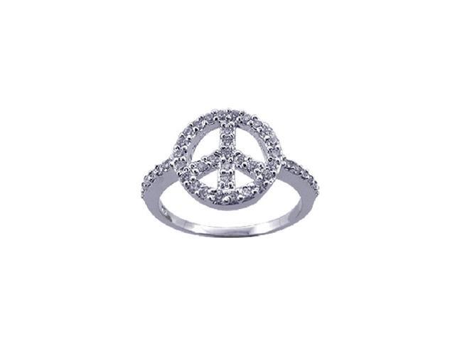 Rhodium Plated Sterling Silver Half Band Peace Sign Ring