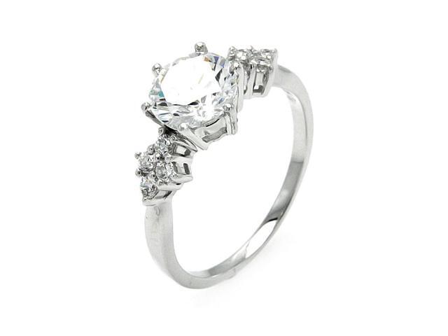Round Ceter Clear Cubic Zirconia Designed Sides Ring Rhodium Plated Sterling Silver