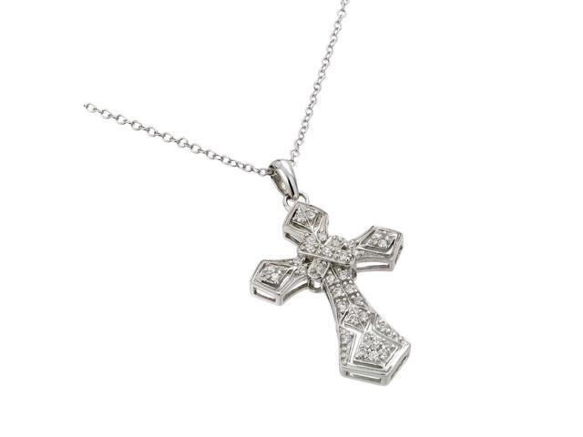 925 Sterling Silver Rhodium Plated Clear Cz Gothic Cross Pendant Necklace