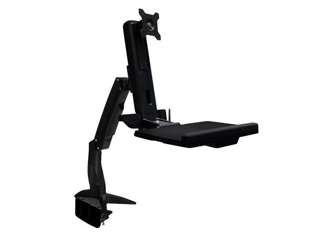Sit Stand Articulating Arm Clamp Mount. Foldable keyboard tray and retractable mouse pad. Built in holders for Mouse and scanner. Separate monitor adjustments. Supports 24" monitors