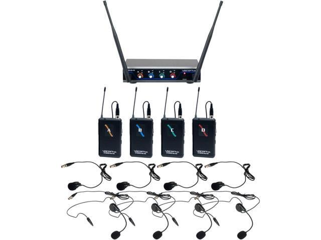 VocoPro Digital-Quad-B 4-Channel UHF Wireless Headset & Lapel Microphone System with Receiver, 4x Bodypack Transmitters, 4x Headset and 4x Lavalier Mics, 915 to 927.2MHz