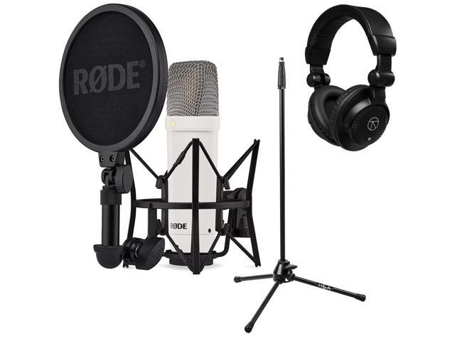 Rode Signature Series NT1 Cardioid Condenser Studio Microphone, White, Bundle with H&A Microphone Stand and TAPH100 Studio Monitor Headphones