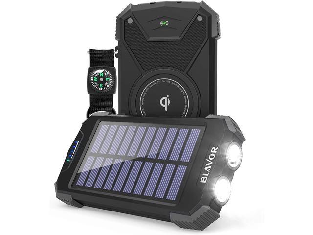 Solar Power Bank, Qi Portable Charger 10,000mAh External Battery Pack Type C Input Port Dual Flashlight, Compass, Solar Panel Charging (Black,10,000mAh)