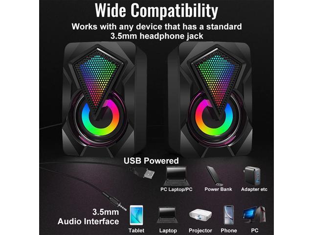 Computer Speakers X2 Wired PC Speaker 2.0 USB Gaming Powered Stereo Mini  Multimedia Volume Control with RGB Lights 3.5mm Aux Input for Phone Tablets  
