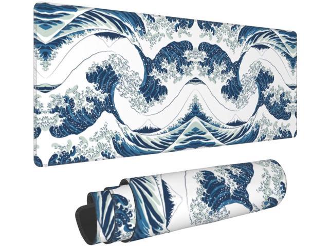 Stitched Edges Desk Pad Japanese Blue and White Wave Gaming Mouse Pad XL Extended Large Mice Pad,31.5 X 11.8 Inch Non Slip Rubber Base Mousepad 
