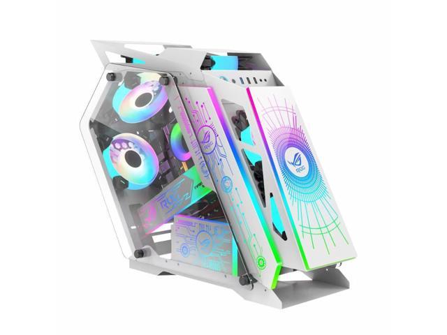 CORN Opened(Not Dustproof) PC Case, Tempered Glass Gaming Desktop Computer Case, Micro ATX/Mini ITX with ROG Light Board and 120mm Fan*6, Support 240 Liquid Cooling, Unique Appearance White
