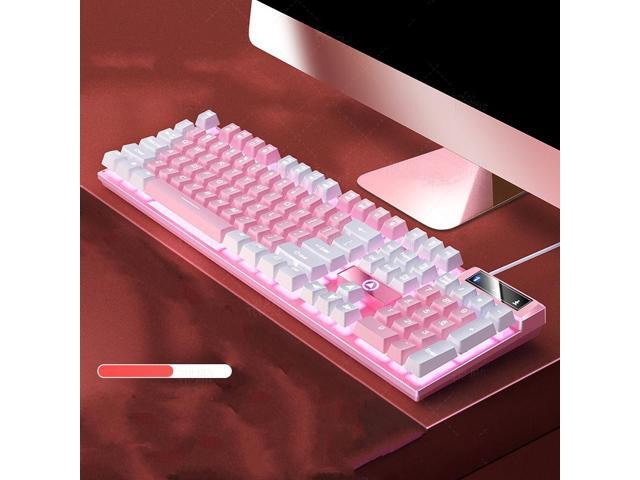Mechanical Feeling Gaming Keyboard Full Size 104-Keys for PC and Laptop, 26 Anti-ghosting Keys,Pink keyboard Wired White Backlit
