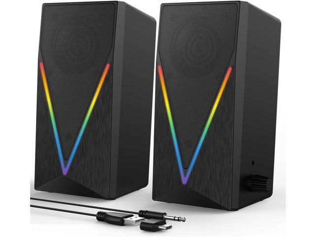 RGB Desktop Speakers with Enhanced Bass, Volume Control & 6 Colorful Lights - USB Powered & 3.5mm Aux Gaming Speakers for Laptop, PC, Tablet, Phone