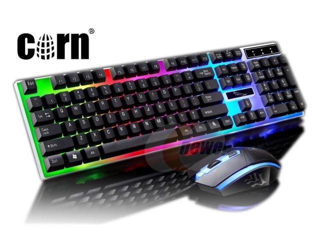 Rainbow LED Backlit USB Wired Gaming Keyboard and 1600DPI Mouse Set Combo Kit 