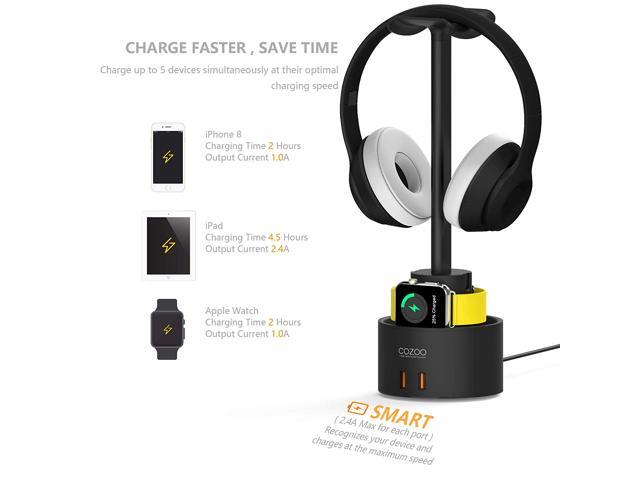 Headphone Stand With Usb Charger Cozoo Desktop Gaming Headset Holder Hanger 5 Charging Station And Iwatch Dock Compatible 2 3 4