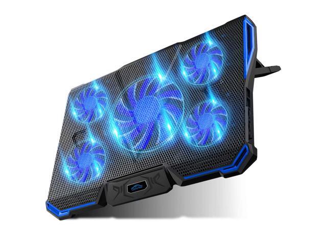 Laptop Cooling Pad 5 Fan 2500RPM Adjustable Strong Wind LED Light Blue Fan Free Height 2 USB Port Laptop Cooler Cooling Pad Stand for up to 15.6 inch Laptop with Metal Mesh Surface