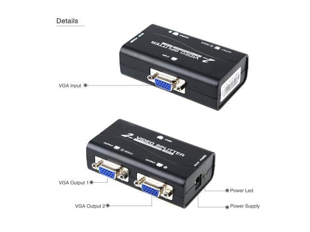 1 PC to 2 Monitor 2 Port VGA Video LCD Splitter Box Adapter w// Power Cable