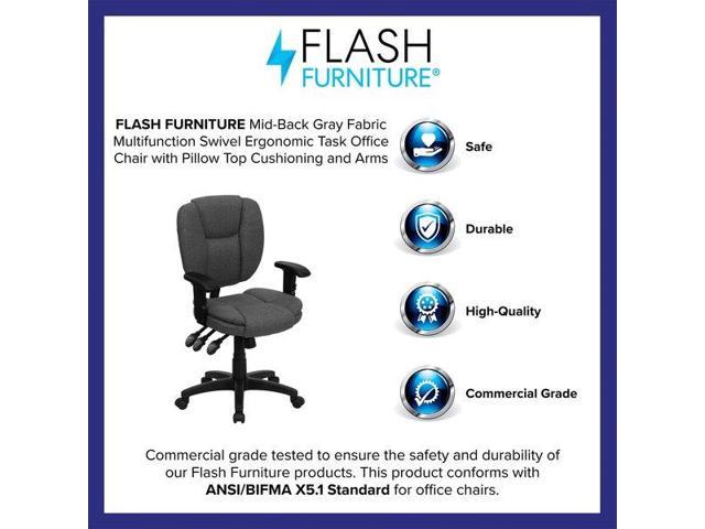 Mid-Back Black Fabric Multifunction Swivel Ergonomic Task Office Chair with  Pillow Top Cushioning and Arms