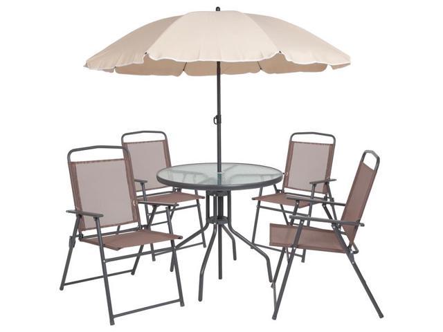 Nantucket 6 Piece Brown Patio Garden Set With Table Tan Umbrella And 4 Folding Chairs Patio Furniture Newegg Ca