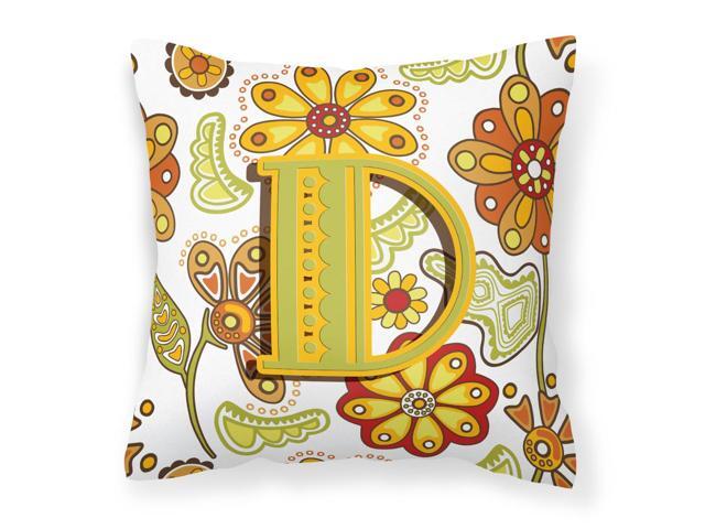 Letter D Floral Mustard And Green Canvas Fabric Decorative Pillow