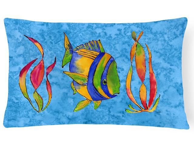 Troical Fish And Seaweed On Blue Canvas Fabric Decorative Pillow