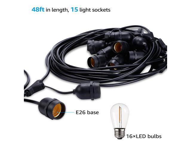 Torchstar 50ft String Lights With 15 E26 Sockets And 16 Led Bulbs Ip65