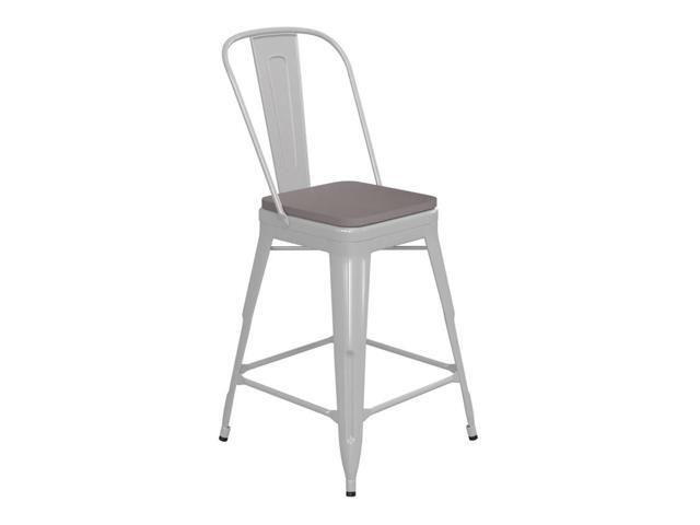 Kai Commercial Grade 24 High White Metal Indoor-Outdoor Counter Height Stool with Removable Back and Gray All-Weather Poly Resin... 