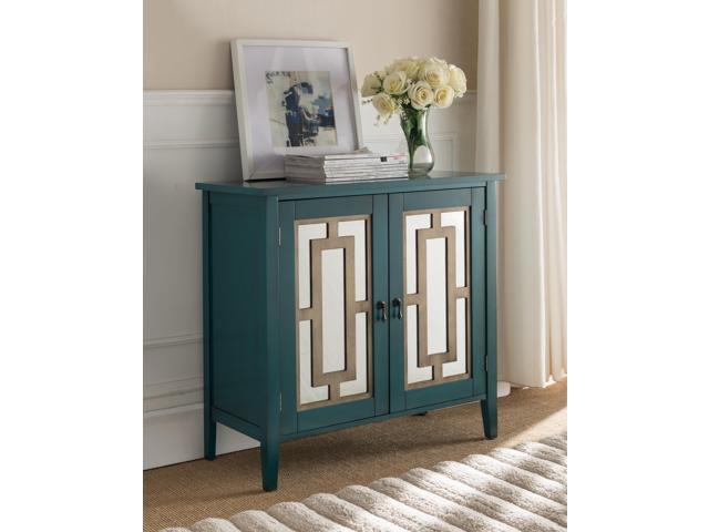 Antique Blue Wood Accent Entryway Sofa Display Table With Mirrored Storage Cabinet Doors