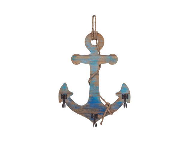 Danya B Decorative Wooden Wall Anchor With Rope And Hanging Hooks Nautical Beach Theme Home Decor